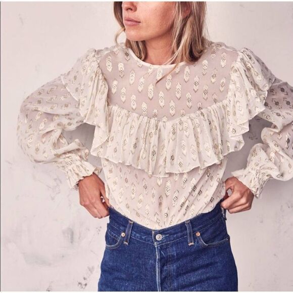LoveShackFancy Tops - LoveShackFancy Erin Blouse Cream With Metallic sz XS